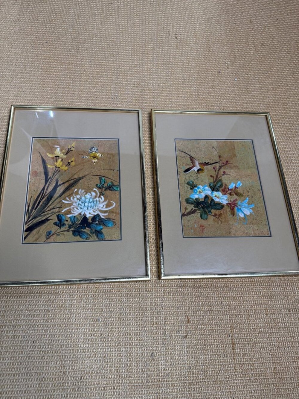 Vintage Asian Floral Bird Wall Art Set Gold Tone Frames Prints Nature Gallery Wa